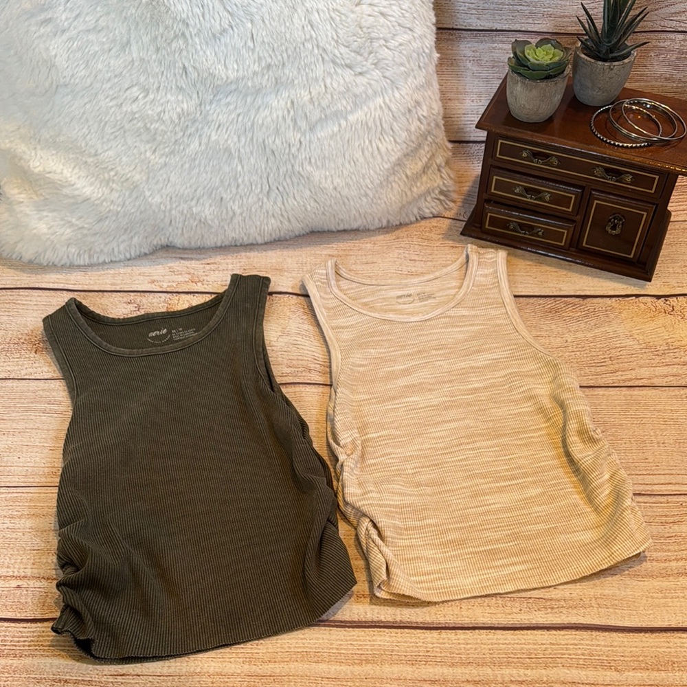 Aerie Ribbed Tank Tops in Olive and Beige